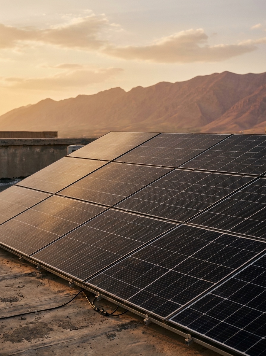 Rooftop solar array at golden hour, Kurdish countryside
